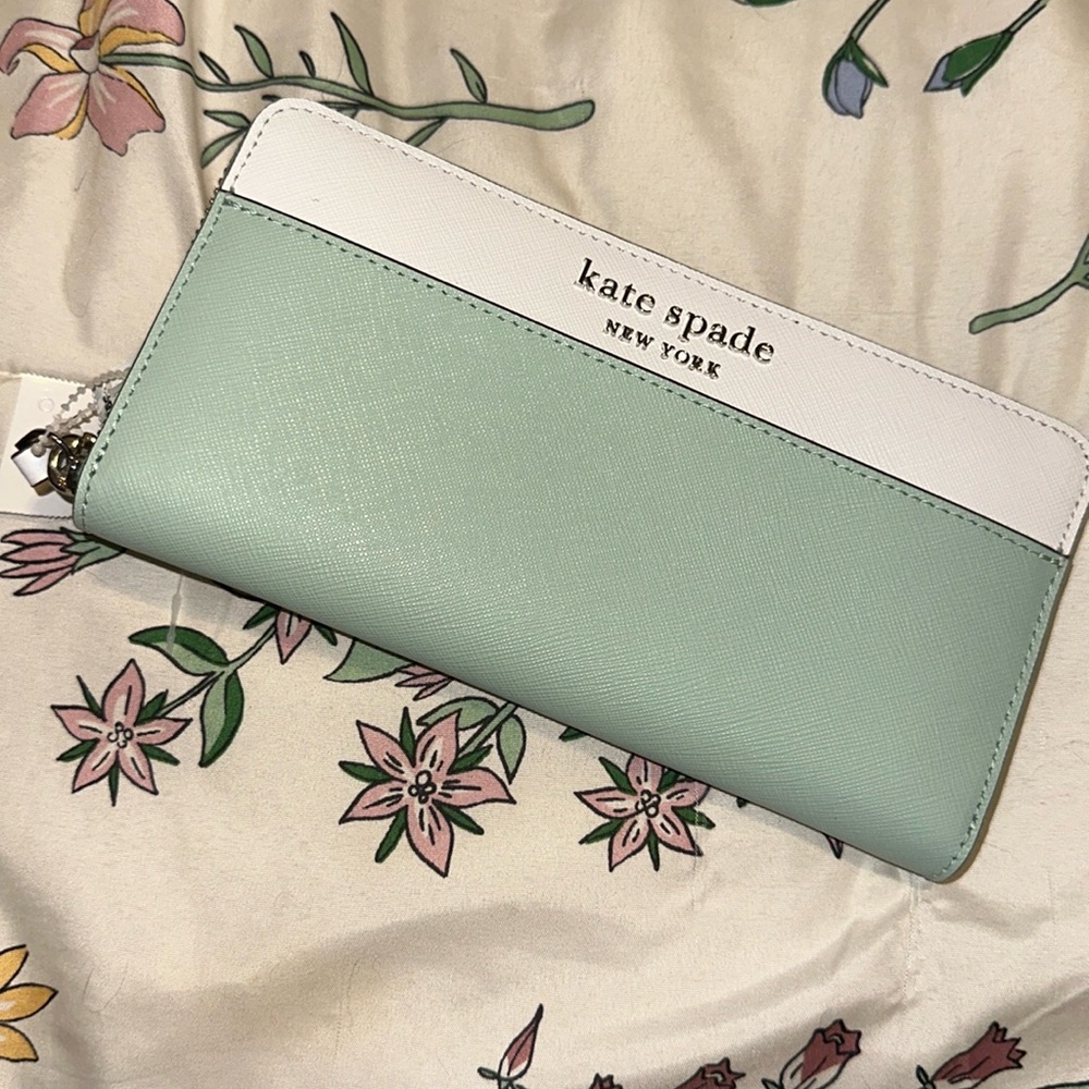 Kate Spade mint green and white color block wallet